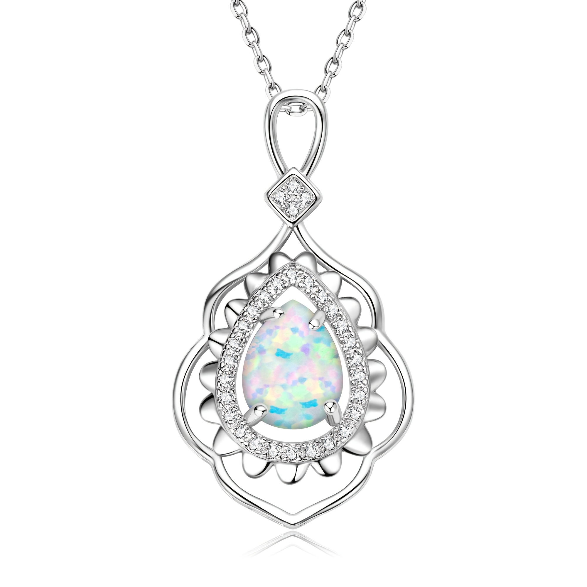 925 Silver Opal Pendant Necklace with Zirconia Studded - Bohemian Vintage Style